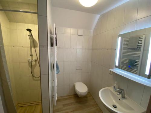uma casa de banho com um chuveiro, um WC e um lavatório. em Ferienwohnung am Teufelsmoor -KEINE MONTEURE- em Klein Wehnendorf