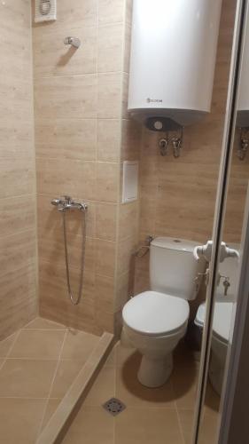 a small bathroom with a toilet and a shower at Apartments Dani in Pomorie