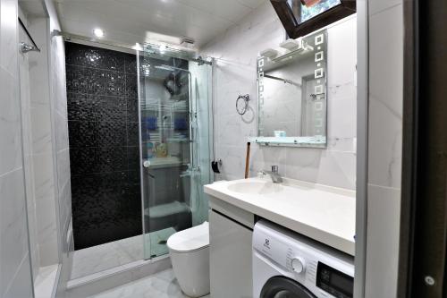 a bathroom with a shower and a sink and a toilet at Apartment On Gudiashvili in Tbilisi City