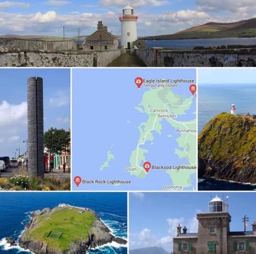a collage of photos with a lighthouse and a map at Ferry View Cottage in Belmullet