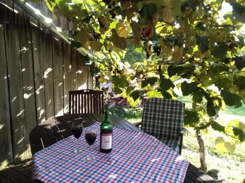 a bottle of wine sitting on a table with two glasses at Gemütlichkeit am Vierkanthof - Apartment 1 in Wörterberg