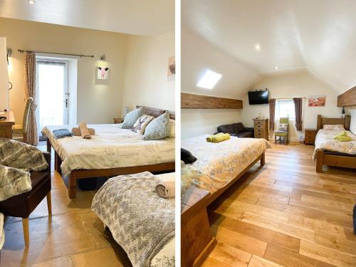 two images of a bedroom with two beds and a living room at Spingle Barn in Monyash