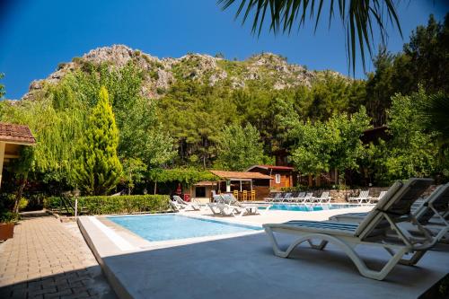 una piscina con sillas y una montaña en el fondo en Olimpia Hotel, en Olympos