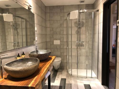 a bathroom with two sinks and a shower at Logis Hôtel Le Moulin de Chalons in Le Gua