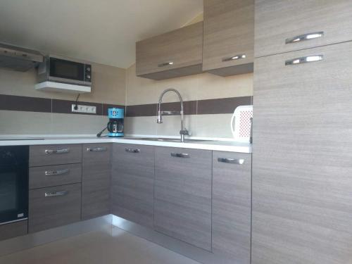 a kitchen with wooden cabinets and a sink at Edensk vrt classic!!i in Vinkuran