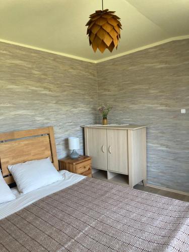 a bedroom with a large bed and a lamp at Vējavas in Svettsiyems