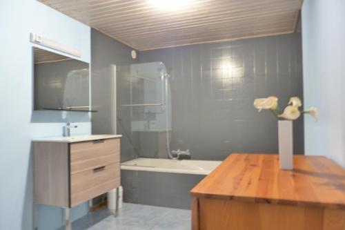 Un baño con bañera, lavabo y ducha. en Gîte Le Chasseron, en Les Fourgs
