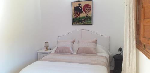 Schlafzimmer mit einem Bett mit rosa und weißen Kissen in der Unterkunft BOTEROS casa rural in Ayllón