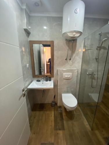 a bathroom with a toilet and a sink and a mirror at Apartments Stanaj in Ulcinj