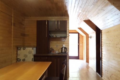 a kitchen with wooden walls and a wooden floor at Садиба У Галина та Йосипа in Ustʼ-Chorna