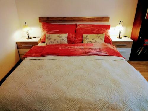 ein Schlafzimmer mit einem großen Bett mit zwei Lampen an Tischen in der Unterkunft Chambres d'hôtes chez Pierrot et Flo in Vugelles-La Mothe