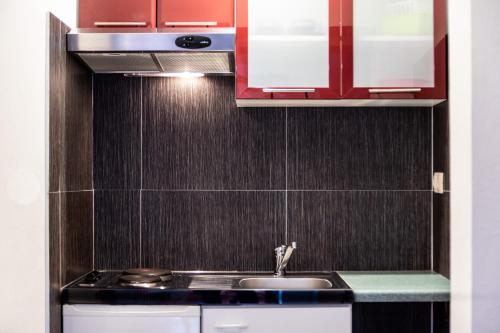 a kitchen with a sink and red cabinets at Petra Apartment in Rab