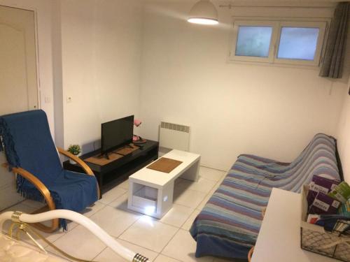 a living room with a couch and a tv at Logement aux portes de Montpellier in Lavérune