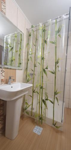 a bathroom with a sink and a bamboo shower curtain at Casa Laur in Sulina