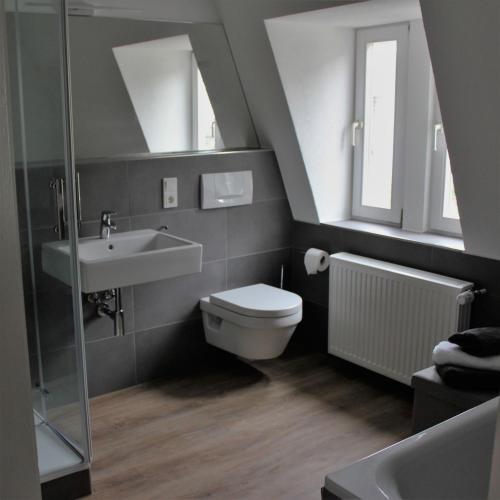 a bathroom with a sink toilet and a window at Villa Schlossblick in Wernigerode