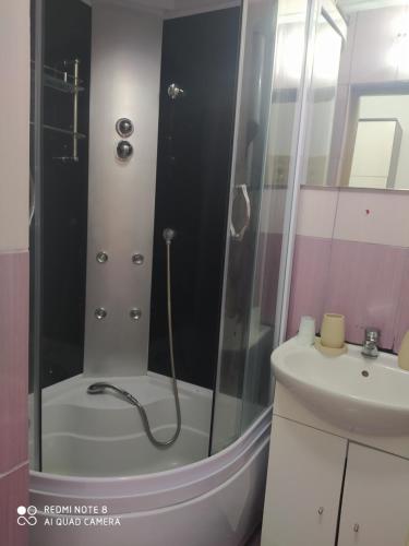 ein Badezimmer mit Dusche und Waschbecken in der Unterkunft Studioul vacanțelor din Saturn in Saturn