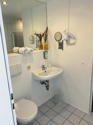 a bathroom with a toilet and a sink and a mirror at Hotel am Park - Krefeld - Düsseldorf in Willich