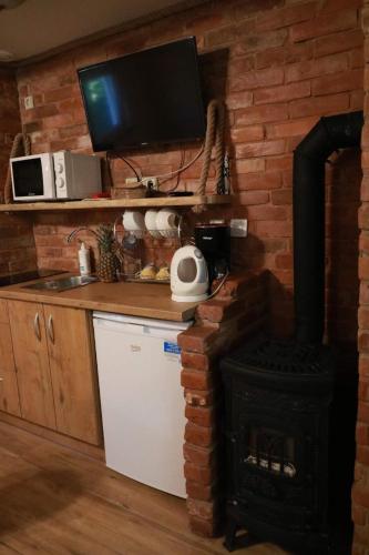 a kitchen with a stove and a television on a brick wall at Namelis nr 1 Adelės sodyba in Sturmai