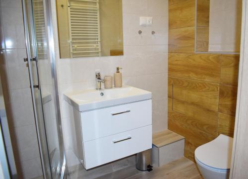 y baño con lavabo blanco y ducha. en Apartament Assolato, en Władysławowo