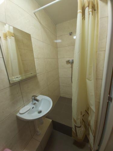 a bathroom with a sink and a shower at Гостевой дом Вилла Босфор in Sanzhiyka