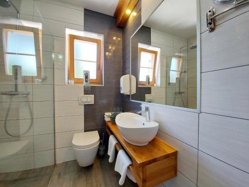 a bathroom with a sink and a toilet and a shower at Plitvice Ethno House in Jezerce