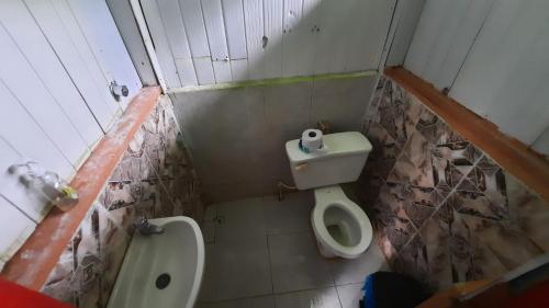 Puerto NariñoにあるCabañas alto del aguilaのトイレと洗面台のある小さなバスルーム