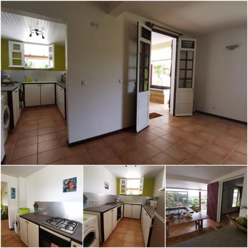two pictures of a kitchen and a living room at Vert Océan in Le Marin