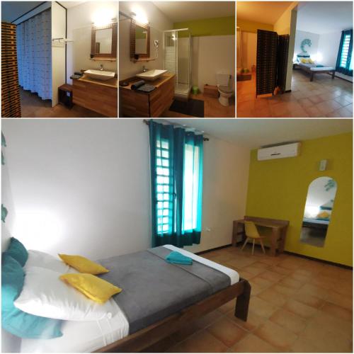 two pictures of a bedroom with a bed and a bathroom at Vert Océan in Le Marin