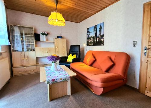 a living room with an orange chair and a table at SONNENGLÜCK am Waldrand Fränkische Schweiz in Gößweinstein