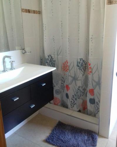 a bathroom with a sink and a shower curtain at Departamentos Roque Pérez in Roque Pérez