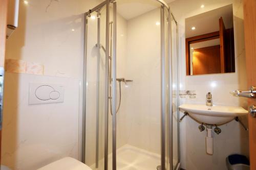 La salle de bains est pourvue d'une douche et d'un lavabo. dans l'établissement Aramis, à Saas-Fee