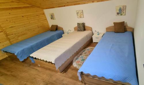 two beds in a room with wooden walls at Villa Eskici in Staro Myasto