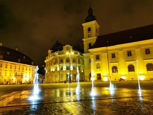 a large building with a clock tower and a fountain at Apartament Plopilor Studios in Sibiu