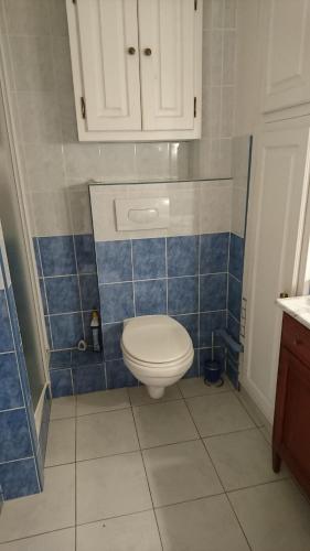 La salle de bains est pourvue de toilettes blanches et de carrelage bleu. dans l'établissement APT FRONT DE MER DANS RESIDENCE LUXE SECURISEE, à Banyuls-sur-Mer