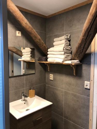 a bathroom with a sink and a mirror and towels at B&B De Pauw - Country Home Cooking in Graft