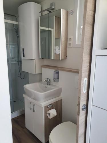 a bathroom with a sink and a toilet and a mirror at Floating House SENA in Pula