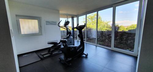 a gym with two exercise bikes in a room with windows at Casas de Campo da Barroca in Tabosa