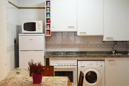 cocina con lavadora y microondas en El pisito de Rodrigo II (alta en turismo VUT/2115), en Ribadesella