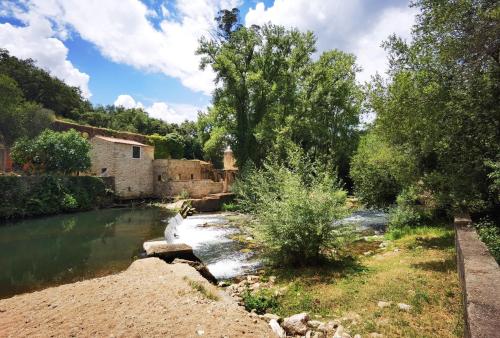 a river in a village with trees and buildings at Comenda da Povoa in Tomar