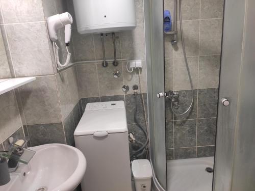 La salle de bains est pourvue de toilettes, d'un lavabo et d'une douche. dans l'établissement Modern cozy apartment, à Niš
