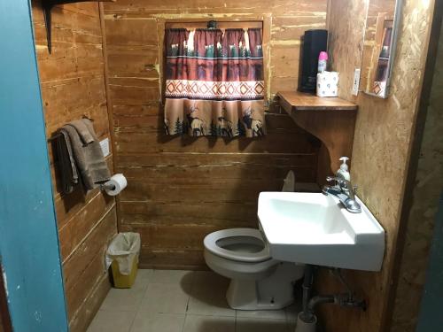 a small bathroom with a toilet and a sink at Grandview Cabins & RV Resort in South Fork