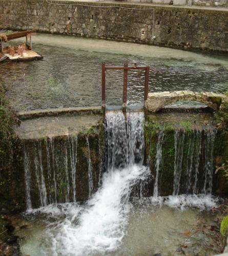 a waterfall in a park with water pouring into it at Albergo La Casa Nel Bosco in Col Sant'Angelo