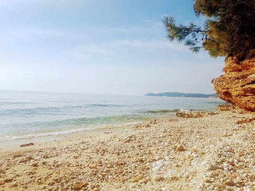 a sandy beach next to the ocean on a sunny day at Spitaki Apartments Potos in Potos