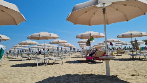 a beach with many chairs and umbrellas on it at Hotel Riva e Mare in Rimini