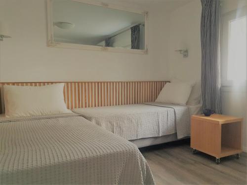 a bedroom with two beds and a mirror on the wall at Spitaki Apartments Potos in Potos