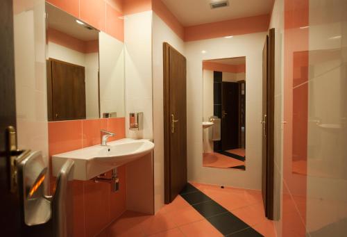 a bathroom with a sink and a mirror at Hotel Hajčman in Žďár nad Sázavou