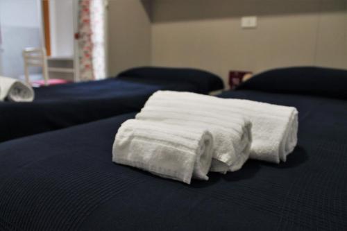 a white towel laying on top of two beds at Hotel Villa Susy in Davoli