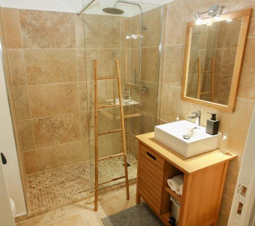 une salle de bain avec une douche avec un lavabo et un miroir dans l'établissement Le Tamaris - Terrasse Vue sur Mer - Piscine, Tennis & Jardin, à Antibes