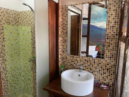 La salle de bains est pourvue d'un lavabo, d'une douche et d'un miroir. dans l'établissement Eco House, à Och