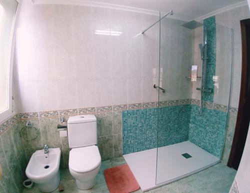 a bathroom with a toilet and a glass shower at Laredo Ocean Port in Laredo